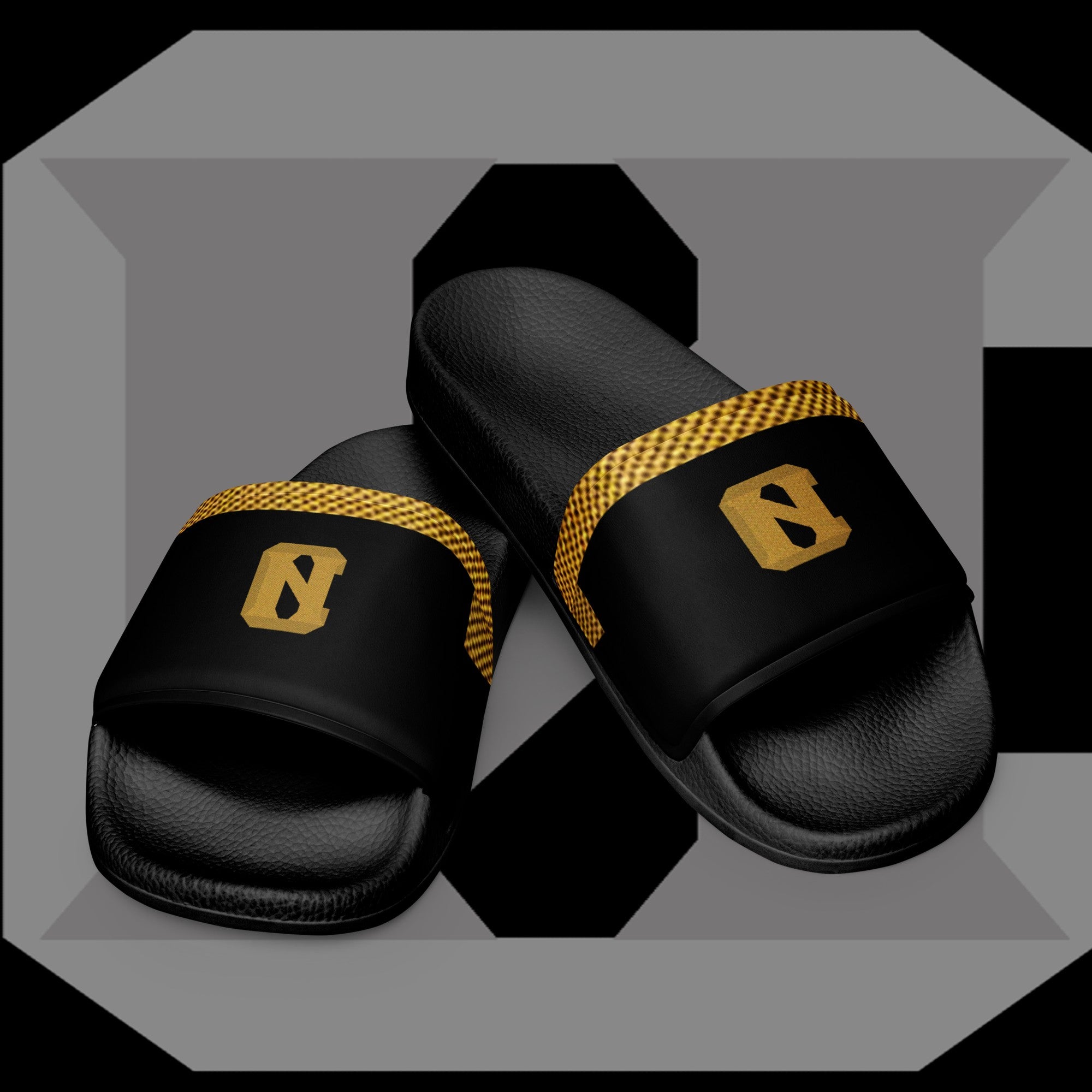 Black and gold slide shoes