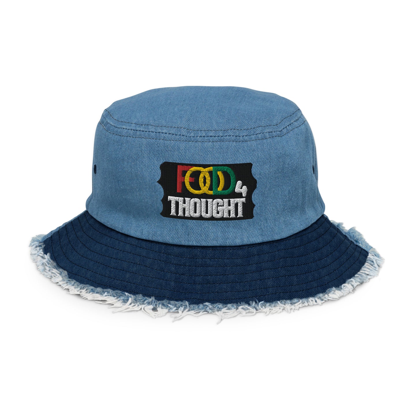 Food For Thought Embroidery Distressed Denim Bucket Hat